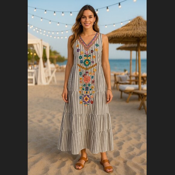 See and Be Seen Floral Embroidered Striped Boho Maxi Dress Sz M Cotton Beach EUC - Picture 1 of 12